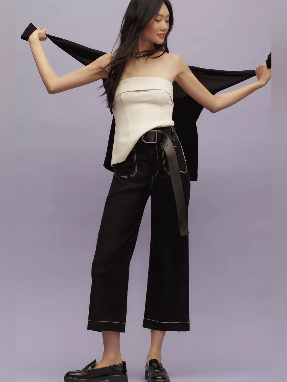 MAEVE The Colette Crop Wide-Leg Pants Contrast-Stitch Edition Black Size 25